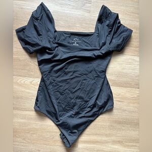 Klassy Network Black Short Sleeve Bodysuit Square Neck  Built in Bra